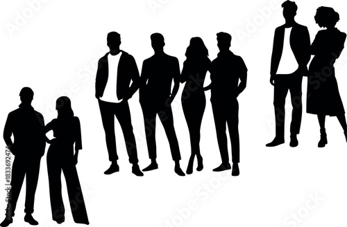 Stylish Pose Silhouette Characters Vector. Youth Fashion Silhouette Group Illustration. Creative People Silhouette Set for Posters. Minimalist Black Silhouettes of Young Adults. Editable Silhouettes