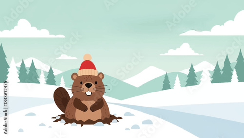 Whimsical winter scene with a cozy beaver wearing a red hat, perfect for holiday cards and seasonal promotions, vector graphics charm and evergreen appeal