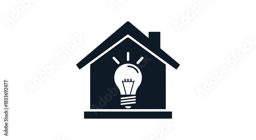 A simple black house icon with a glowing lightbulb inside a striking silhouette
