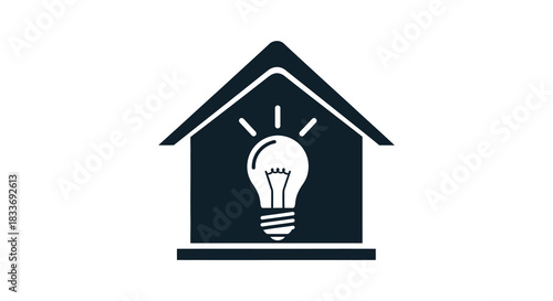 A dark house shape contains a glowing lightbulb representing home energy a simple silhouette