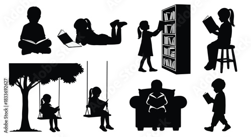 Silhouettes of children enjoying reading and outdoor play a peaceful scene