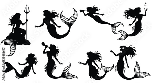 Elegant mermaid silhouettes depict mythical sea creatures in various graceful poses