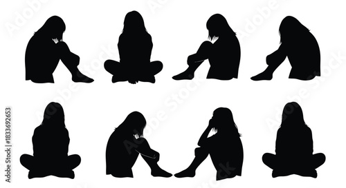 Silhouettes of people sitting and crouching in various contemplative poses