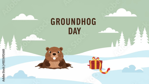 Celebrate Groundhog Day with a cute marmot popping out of its burrow on a snowy field, next to a gift, perfect for cards, social media, and more
