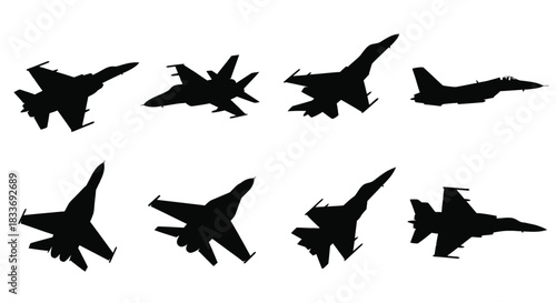 Silhouettes of fighter jets in varying flight positions against a white backdrop