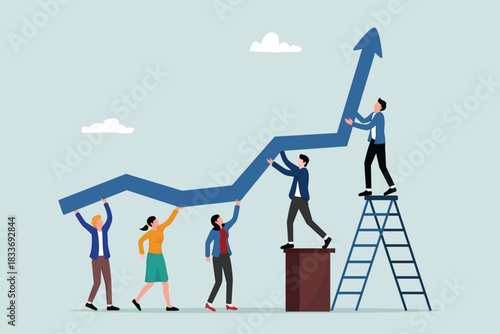 Growth strategy, team collaboration to grow business success, team of female entrepreneurs and employees help grow the upward arrow chart.