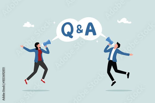 QA, question and answer sessions, FAQ or frequently asked questions, information to solve problem concepts, businessmen and women shouting into megaphones as Q and an on-speech bubbles.