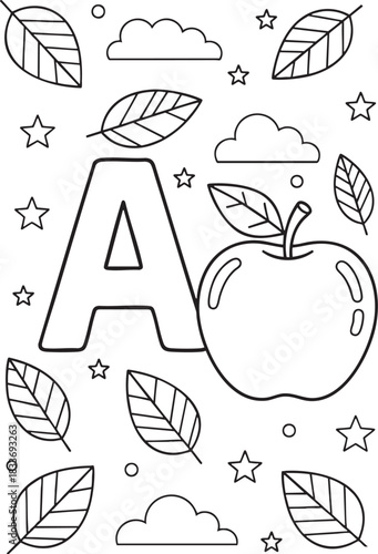 Alphabet learning coloring page with letter a, a delicious apple, leaves, clouds, and stars for kids