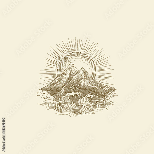 illustration featuring a dramatic mountain range towering over waves or the sea, set against a blazing sun or moon with radiating sunburst lines
