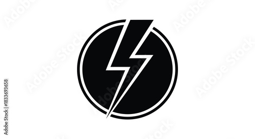 A striking black and white circular design featuring a prominent lightning bolt silhouette