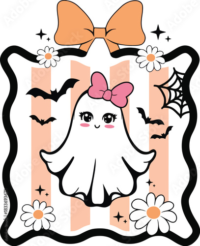 Cute cartoon ghost with pink bow and orange bow for halloween