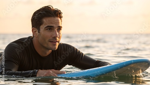 A young man in a wetsuit lies on a blue surfboard in calm water at sunset, enjoying the moment by the sea with an attentive look ahead