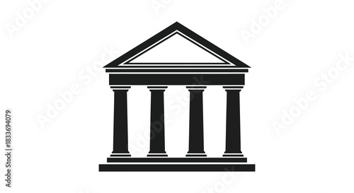 A striking black and white illustration of a classical building facade a bold silhouette