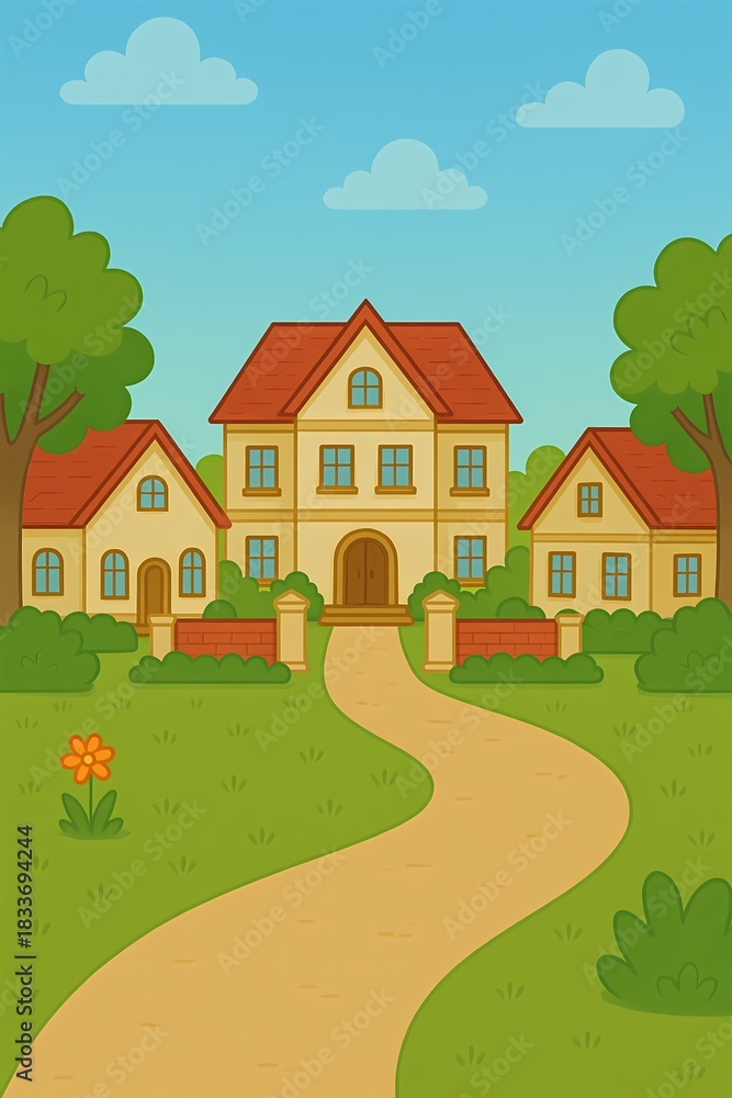 Naklejka premium Charming cartoon house with inviting yard and peaceful blue sky