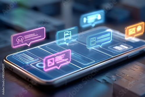 AI-powered procurement system concept with chatbot and digital invoice icons on mobile device, representing automation in B2B purchasing and mobile supply chain management solutions