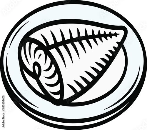 Black and white sketch of a fish fillet on a plate, highlighting its shape and texture