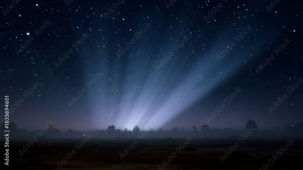 Obraz premium Starry night sky with dramatic light beams emerging from a fog covered horizon
