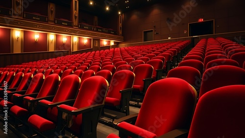 auditorium. Theater orchestra seats with red velvet upholstery and golden details, empty auditorium. event programs, museum guides, designed for cultural heritage projects and event programs.