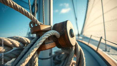 aperture. Sailboat ropes pulled taut by wind with a wooden pulley in dramatic light. mobility guides, transit brochures, designed for transport & logistics marketing, supports logistics messaging.