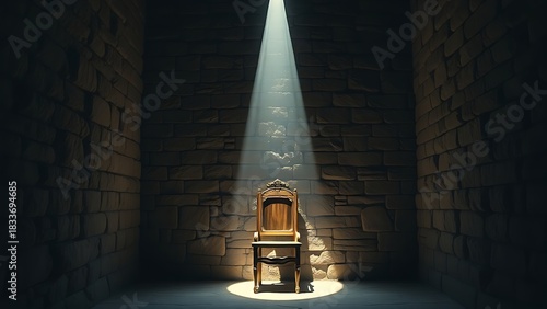 affiliation. Stone-walled room with a single beam of light illuminating a wooden chair, dramatic shadows. real-estate listings.
