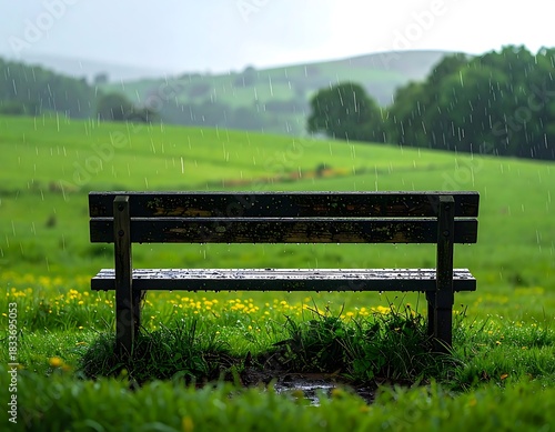 Wooden bench sits amidst a rain-soaked landscape