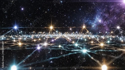 Abstract illustration of connected network nodes in a dark starry space with glowing lights