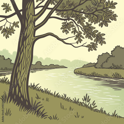 A serene river flows through a lush green landscape with a large tree in the foreground