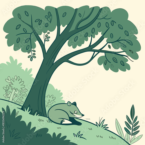 Cute cartoon fox resting peacefully under a large tree in a whimsical forest setting