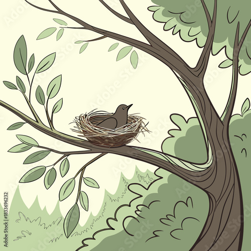 A solitary bird rests peacefully in its intricate woven nest on a sturdy tree branch surrounded by lush greenery