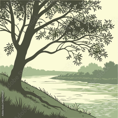 Stylized illustration of a large tree on a grassy bank overlooking a winding river and distant forest