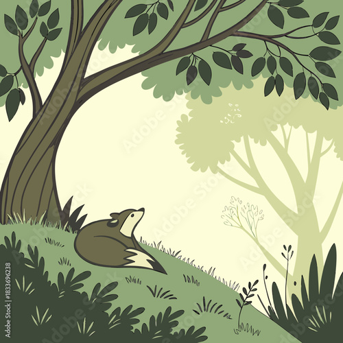 Cute cartoon fox resting peacefully on a grassy hill under a large tree in a serene forest setting
