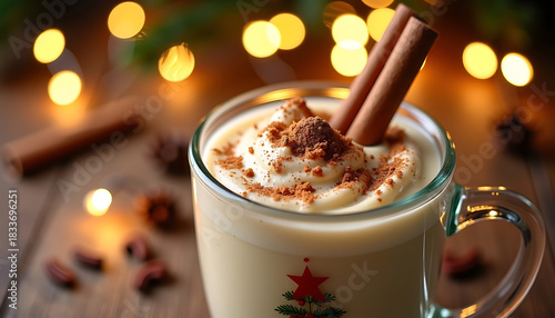 Festive Eggnog in Holiday Mug with Cinnamon and Bokeh Lights