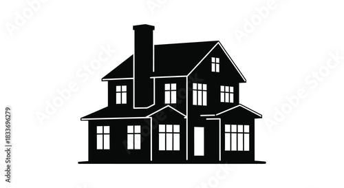 a black and white illustration of a classic victorian style house a striking silhouette