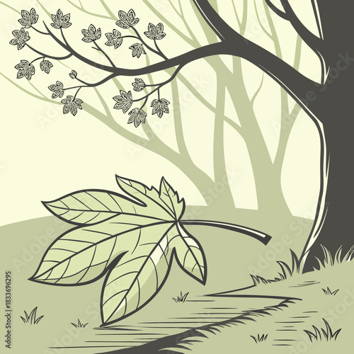 Stylized illustration of a single fallen leaf on the ground next to a tree trunk in a forest setting