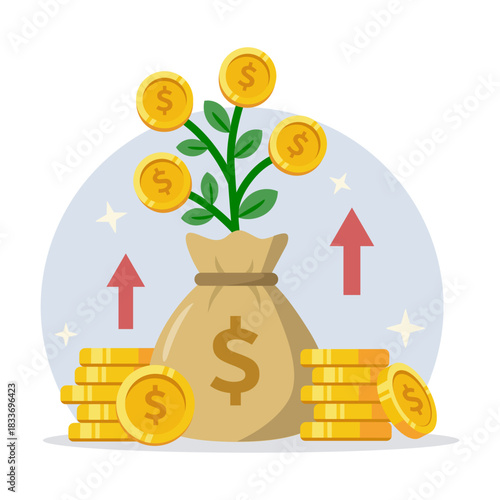 Wealth profit, investment, growth, earning concept with gold coins, money bag and growing plant vector.