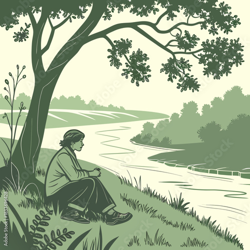Person sitting under a tree contemplating a winding river and distant green landscape