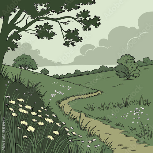 A winding dirt path leads through a lush green meadow with wildflowers and trees under a cloudy sky
