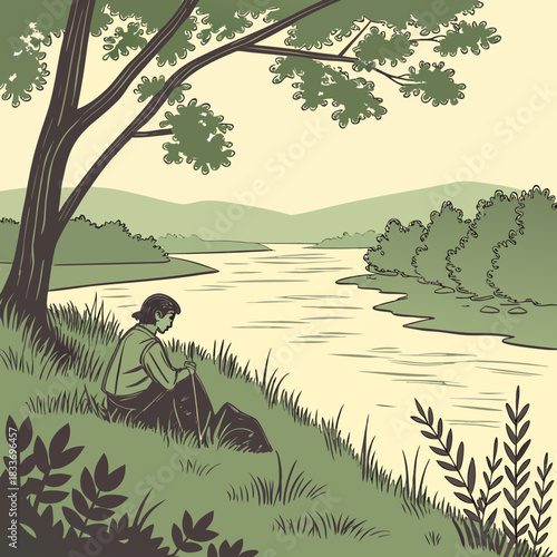 A lone person sits on a grassy riverbank under a large tree contemplating the flowing water
