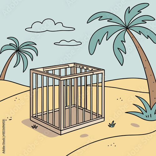 Empty cage sits on a sandy beach with palm trees and clouds in a minimalist cartoon style