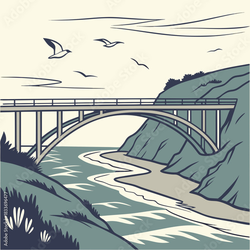 Stylized illustration of a scenic coastal bridge spanning a river with seagulls flying overhead