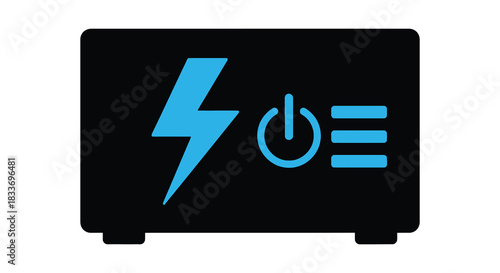 a black laptop screen displays bright blue power and charging symbols a striking silhouette