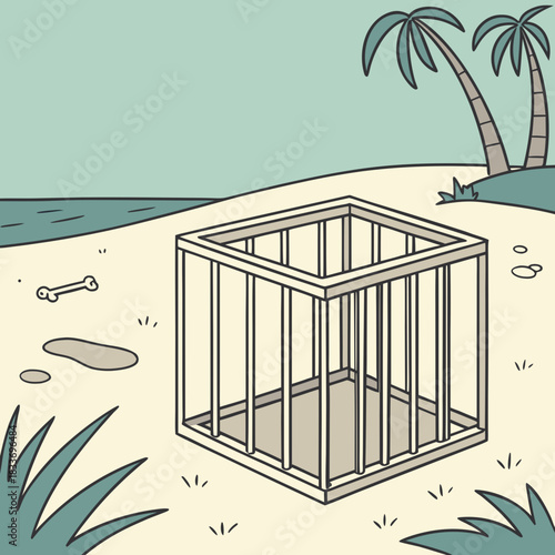 Empty animal cage left on a sandy beach beside the ocean with palm trees
