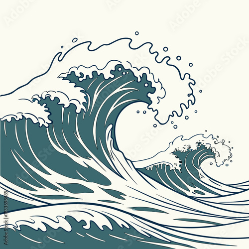 Stylized illustration of majestic teal ocean waves crashing with white foam against a cream background