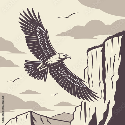 Majestic eagle soaring gracefully over rugged cliffs and mountains under a cloudy sky