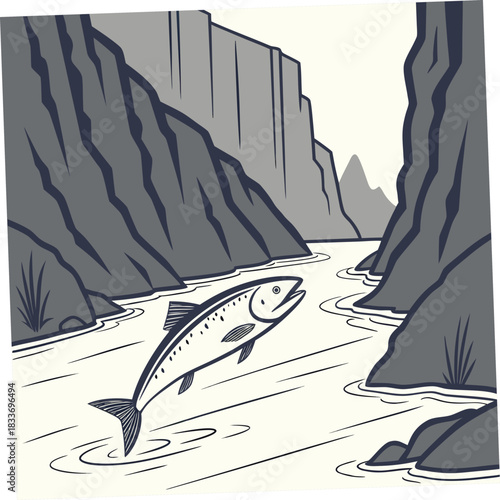 Stylized illustration of a salmon leaping upstream through a rocky canyon with flowing water