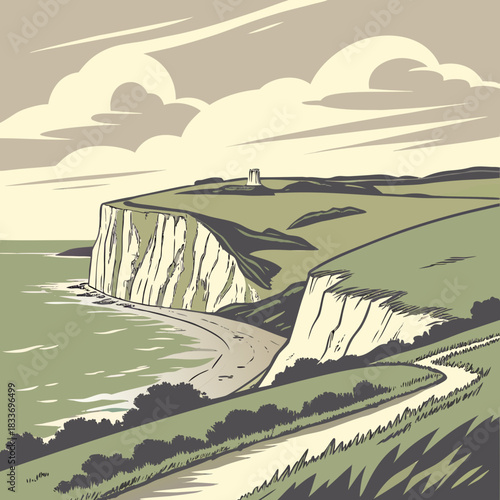 Stylized illustration of dramatic white chalk cliffs meeting the sea with a winding path leading over rolling green hills