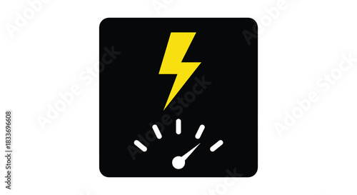 A bright yellow lightning bolt symbol over a black background with a gauge silhouette