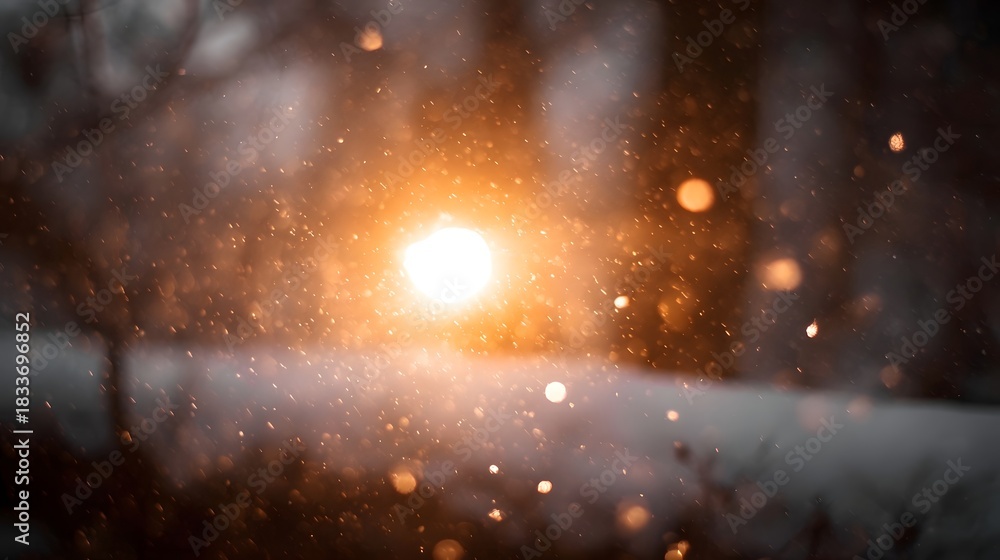 Naklejka premium Warm glowing light filters through falling snow during a magical winter evening