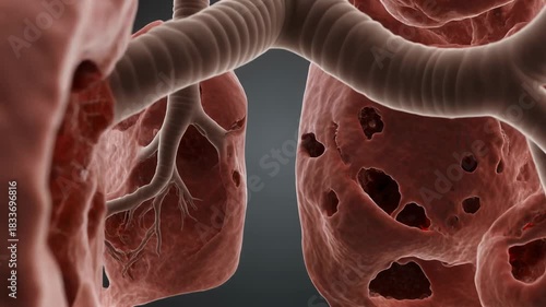 Close-up 3D animation of diseased human lungs with cavities and inflammation showing the damage caused by tuberculosis or other lung diseases.
