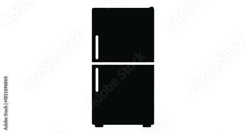 A simple black and white illustration of a modern refrigerator appliance a stark silhouette
